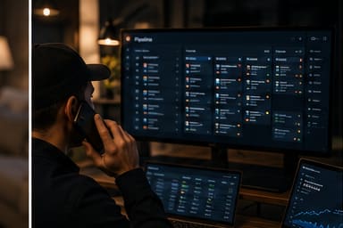 Investor taking a seller call beside an AI-powered CRM dashboard