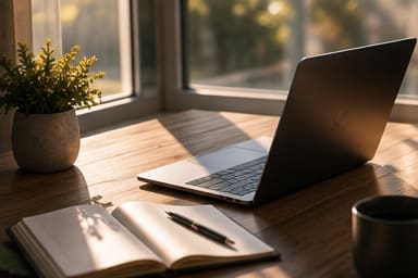 Desk with laptop and notebook for real estate investor marketing research