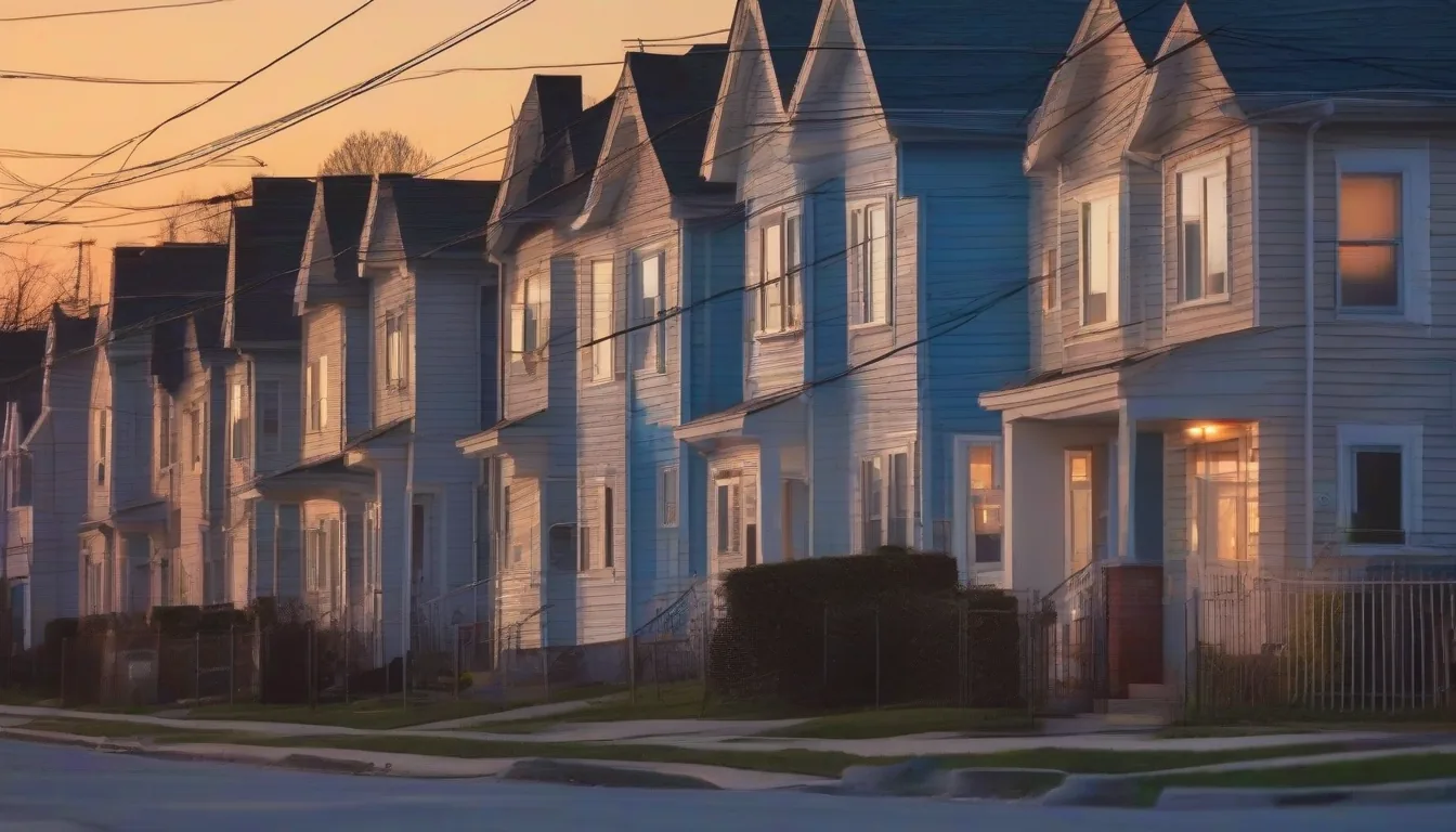 A city street of older single family homes at dusk, lit windows, no people visible.