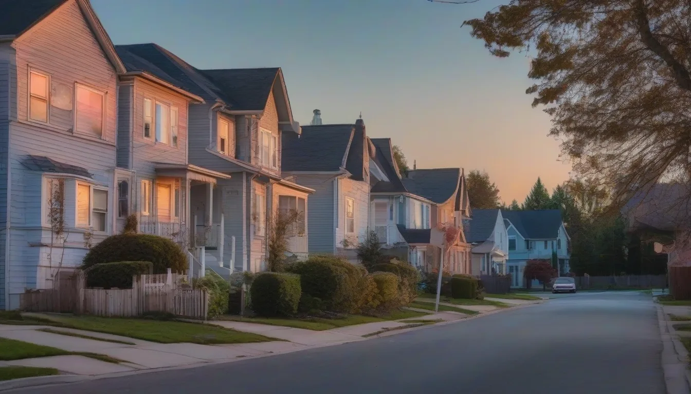 A residential street of older single-family homes photographed at dusk, warm lit windows, no people visible.