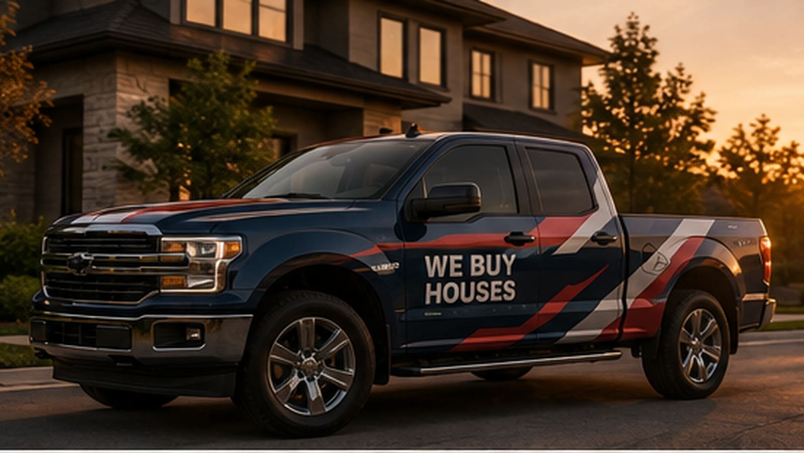 Branded we buy houses truck outside a renovated home