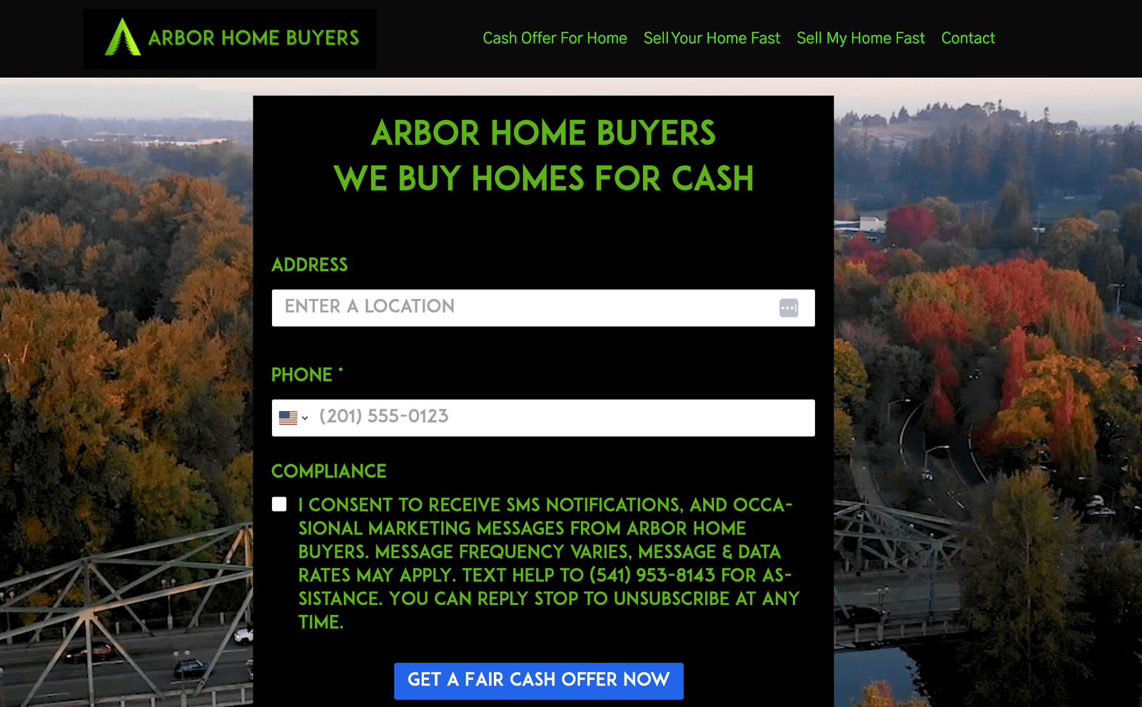 Arbor Home Buyers website, a we-buy-homes-for-cash form over an aerial photograph of autumn trees