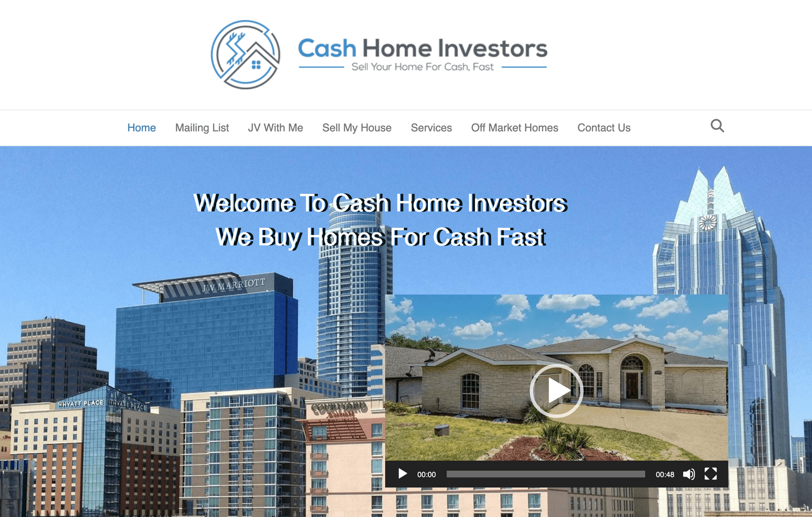 Cash Home Investors website, a we-buy-homes-for-cash offer over an Austin skyline