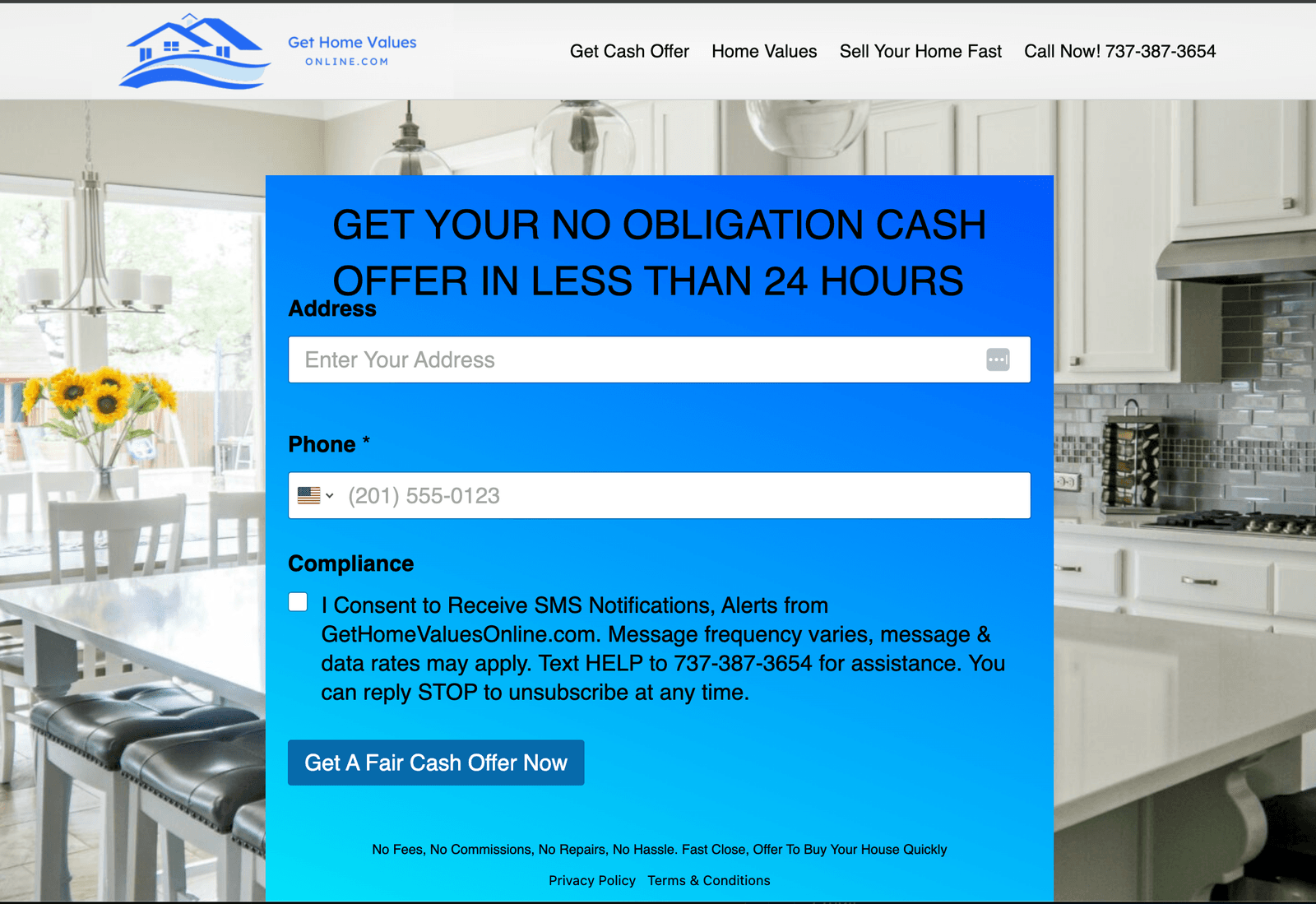 Get Home Values Online website, a no-obligation cash offer form over a kitchen photograph
