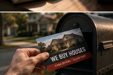 Hand placing a we buy houses postcard into a mailbox