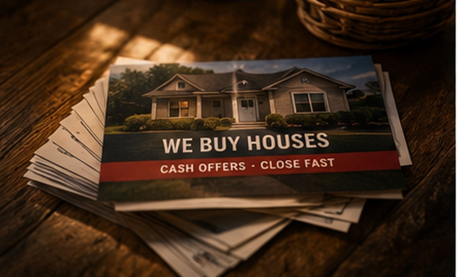 Stack of we buy houses direct mail postcards