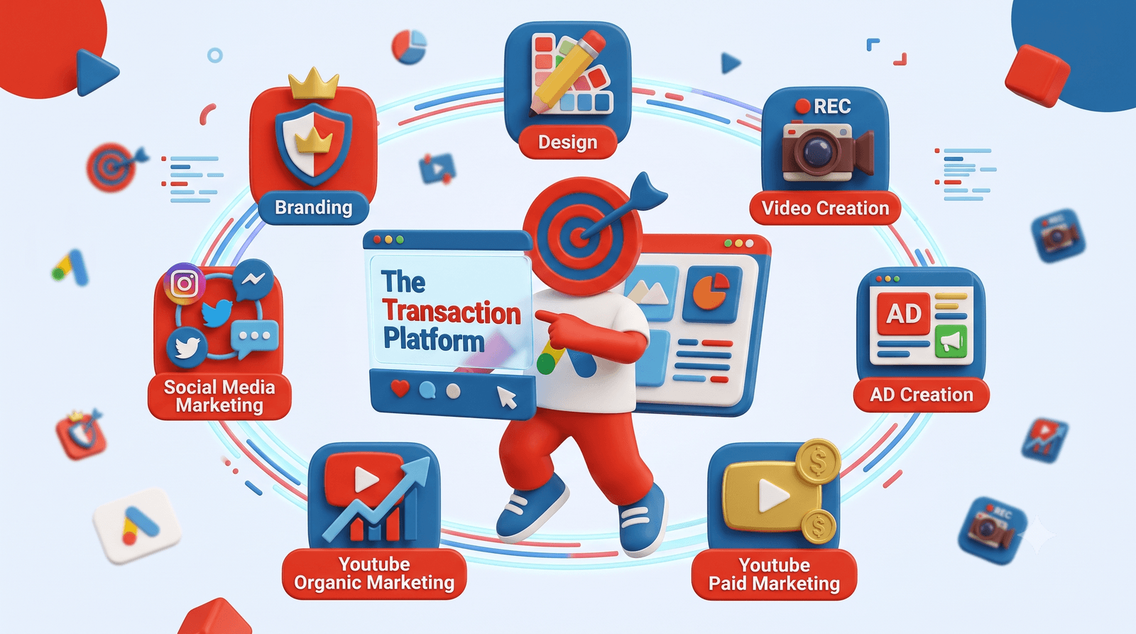 The services The Transaction Platform runs: branding, design, video creation, ad creation, social media, and YouTube organic and paid marketing