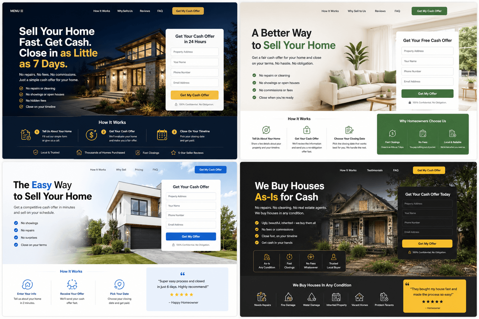 Cash-offer landing page layouts — dark hero, light hero and dark benefits variants