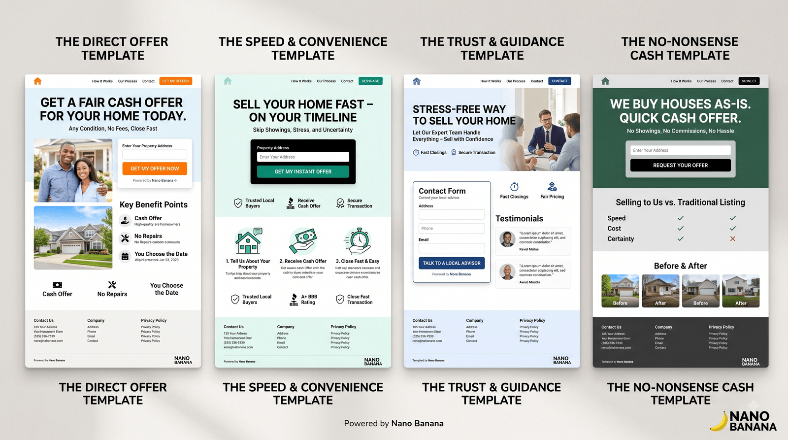 Direct offer, speed and convenience, trust and guidance, and no-nonsense cash page templates